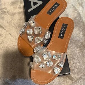 Aqua Women's Brown Slide Sandals with Crystal Embellishments